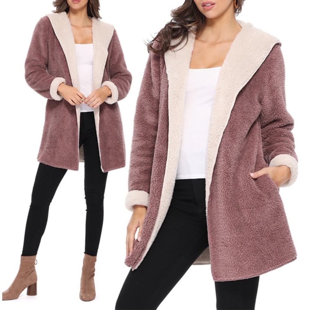 Mauve Teddy Sherpa Fleece Hood Cardigan Jacket